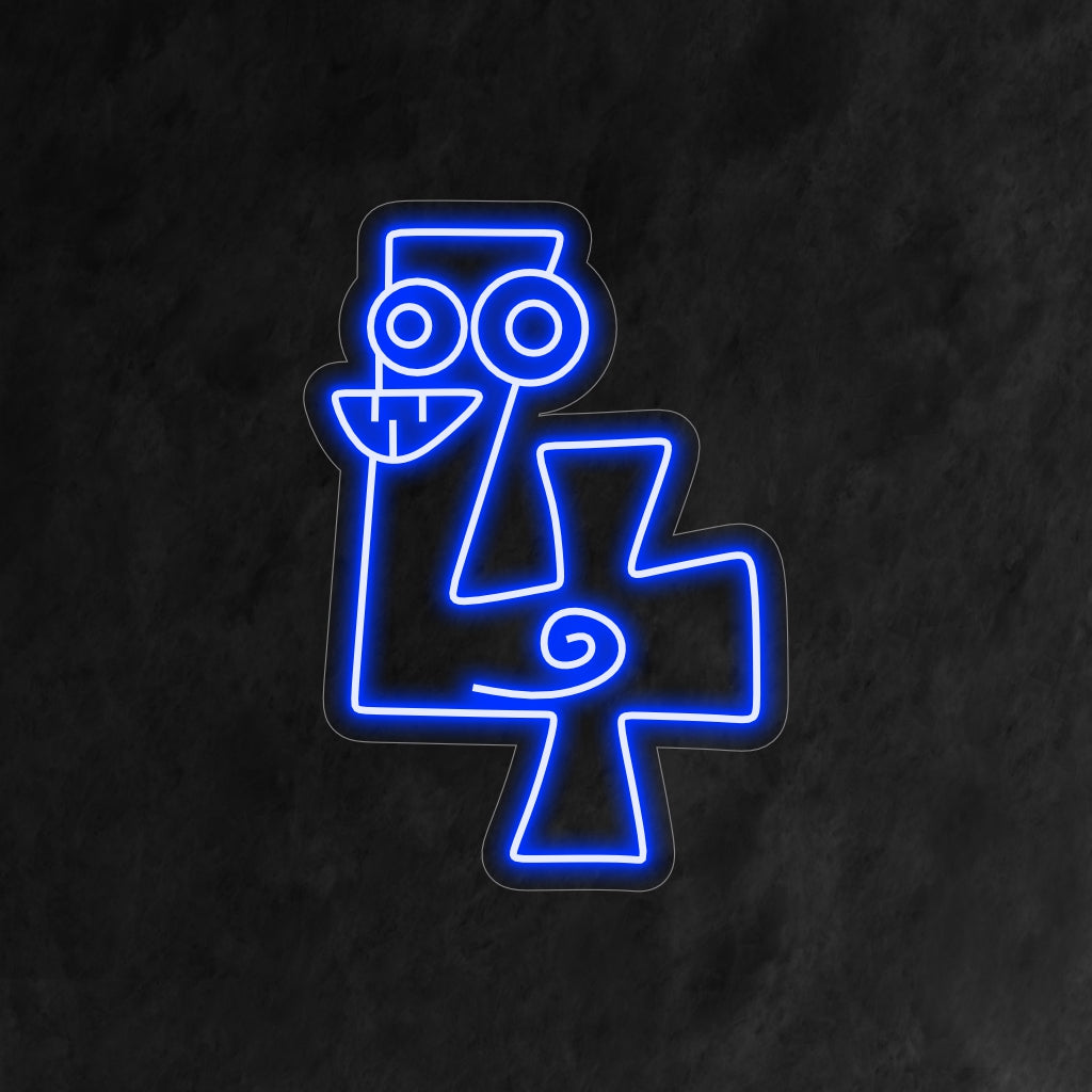 "4th Birthday Neon Sign" toont een grappig en cartoonachtig cijfer 4 met grappige ogen en tanden, wat een leuk element toevoegt aan de viering van de vierde verjaardag van een kind.