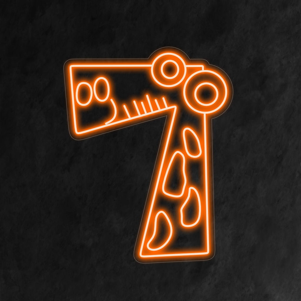 "7th Birthday Neon Sign" toont een schattig en lachend cartoonachtig cijfer 7, geïnspireerd op een giraf, wat charme toevoegt aan de viering van de zevende verjaardag van een kind.