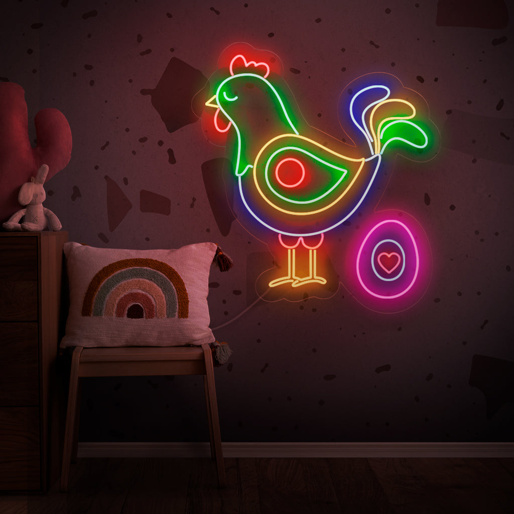 "Abstract Chicken And Egg Neon Sign" - Een speels neonlicht met een abstracte afbeelding van een kip en ei, dat humor en moderne charme in uw leefruimte brengt.