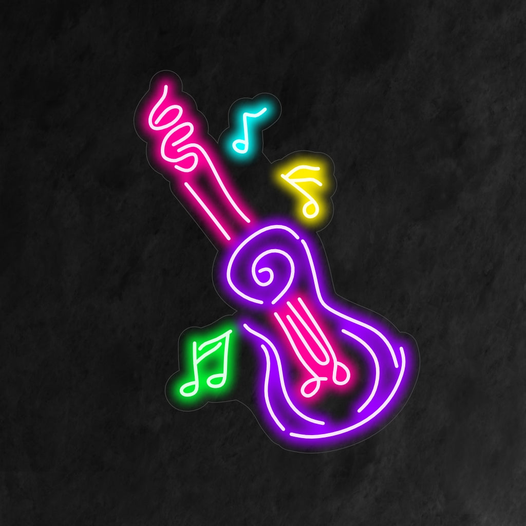 Een verlicht neonbord met een abstracte weergave van een gitaar, perfect voor muziekliefhebbers en een vleugje artistieke flair toevoegend aan elke ruimte