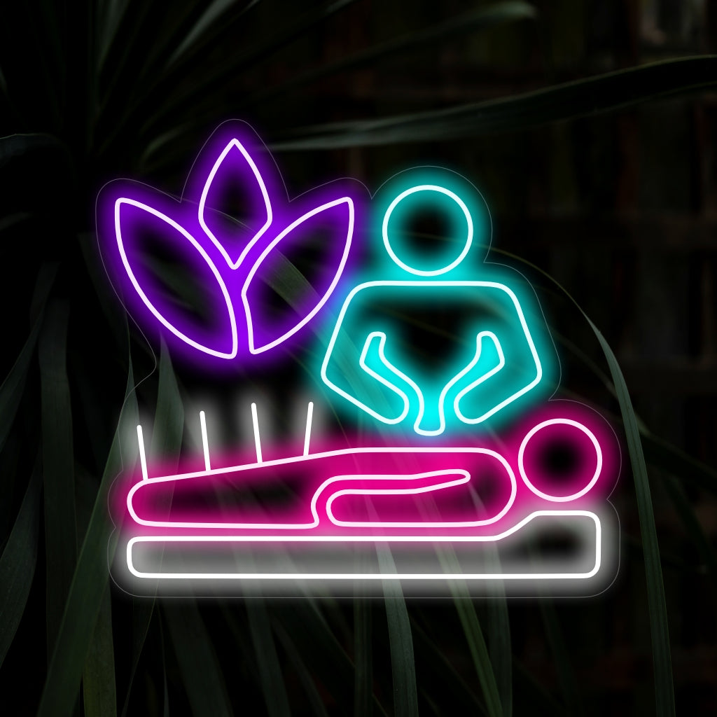 "Acupunctuur met naalden neonbord" - Een levendig neonlicht met acupunctuurnaalden, dat een gezondheidsgerichte en moderne sfeer in uw leefruimte creëert.