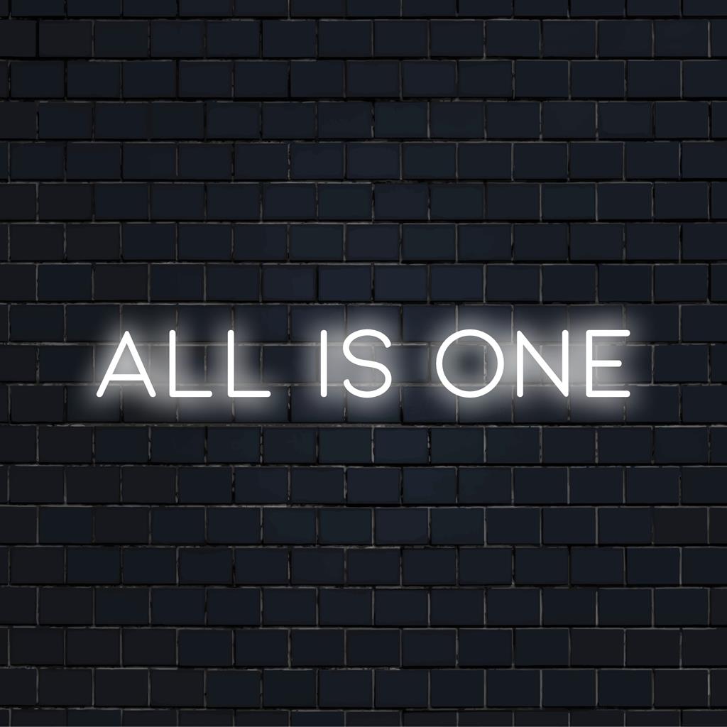 Op maat gemaakt LED-neonbord met de tekst 'All Is One': gepersonaliseerd minimalistisch lichtkunstwerk voor elke ruimte.