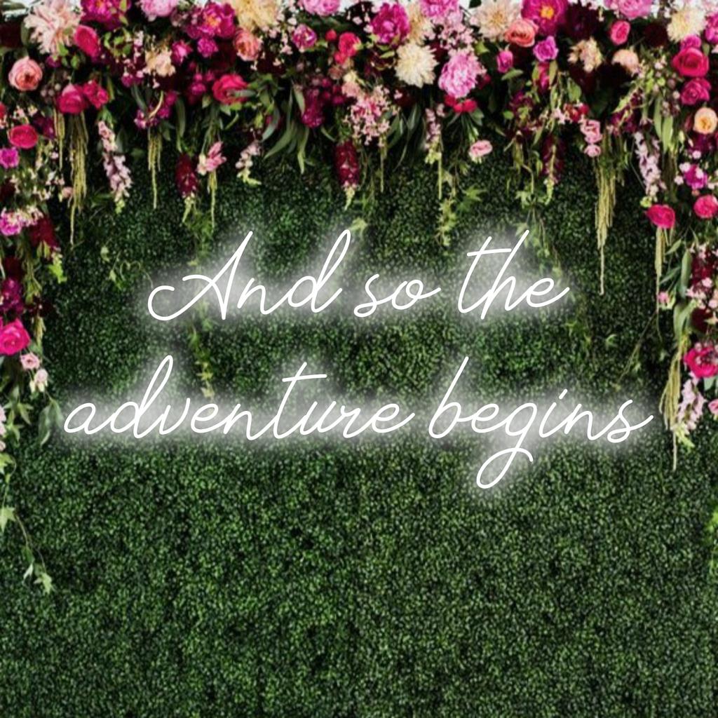 Een op maat gemaakt LED-neonbord met de tekst 'And So The Adventure Begins' dat fel oplicht, perfect als persoonlijke wanddecoratie.