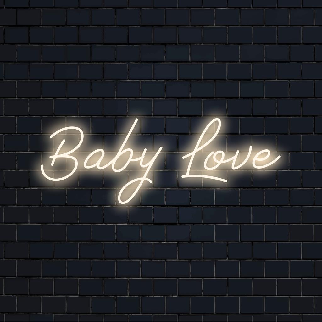Fel LED-neonbord met de speelse tekst Baby Love, perfect voor de kinderkamer of speelkamer. Het geeft warmte en liefde met een zacht licht.
