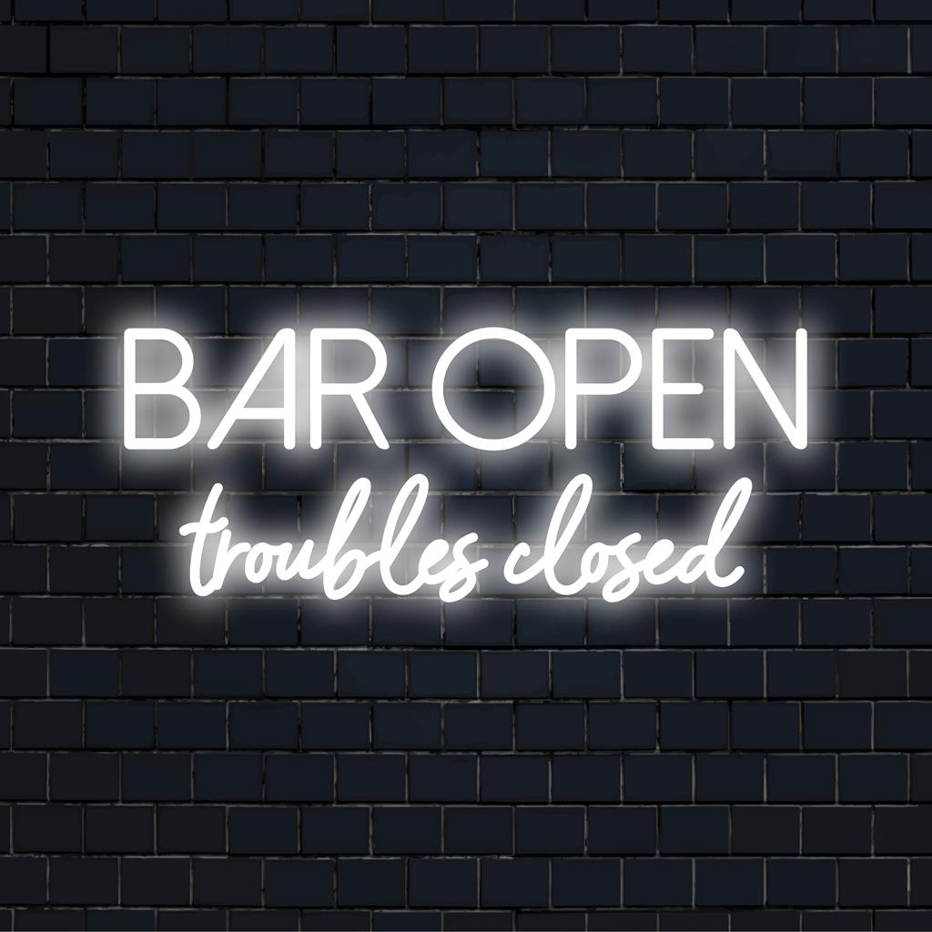 Op maat gemaakt LED-neonbord met de tekst Bar Open Troubles Closed, perfecte neonverlichting voor bars, lounges of ruimtes thuis.