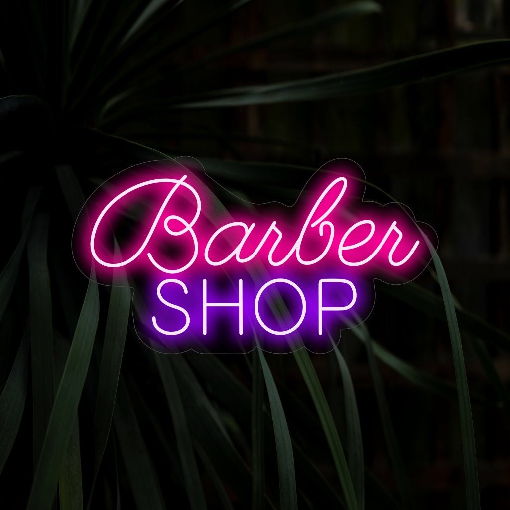 "Barber Shop Neon Sign" - Een klassieke neonlamp met de tekst "Barber Shop", die een tijdloze en stijlvolle ambiance creëert in uw trimsalon.