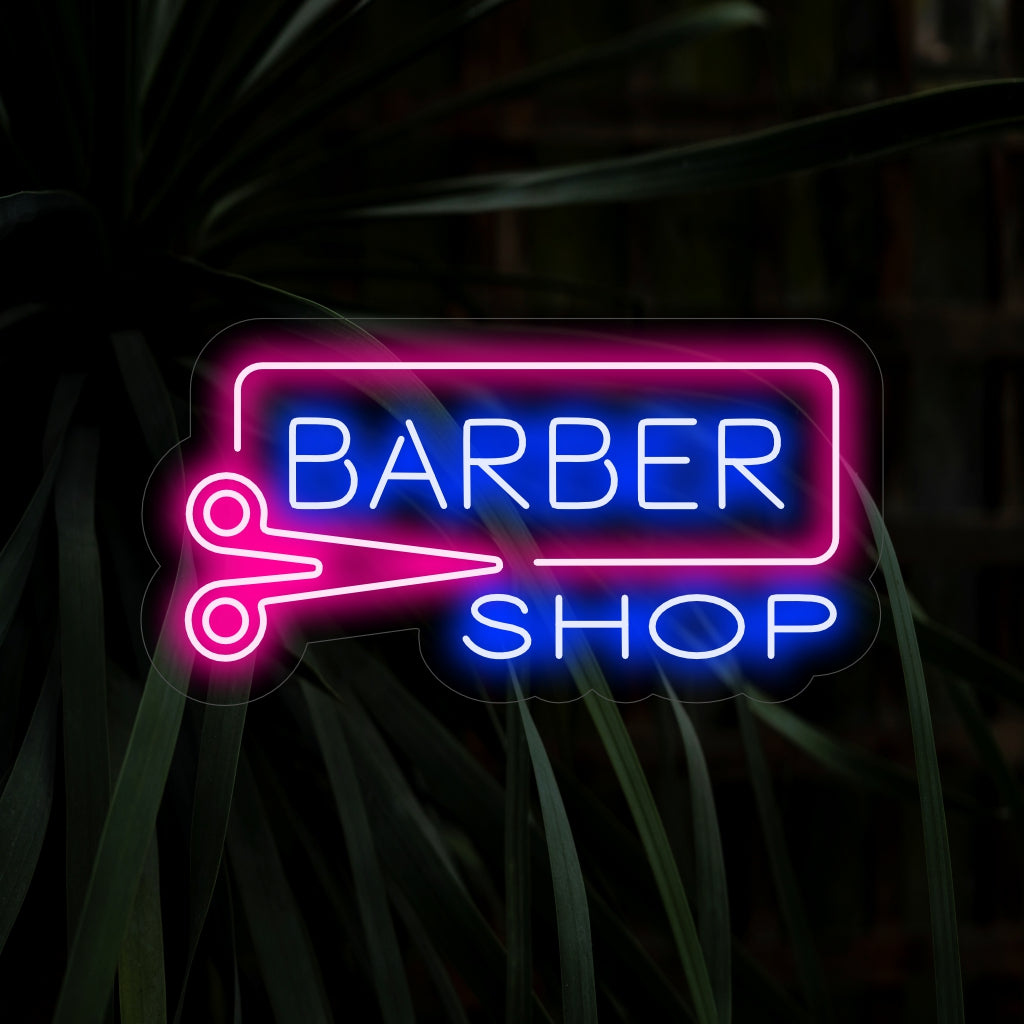 "Barber Shop Neon Sign" - Een klassieke neonlamp met de tekst "Barber Shop", die een tijdloze en stijlvolle ambiance creëert in uw trimsalon.