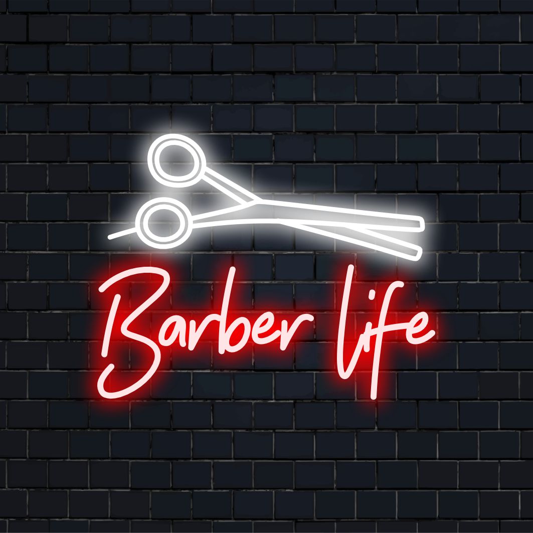 Op maat gemaakt Barber Life LED-neonbord met strakke lijnen en klassiek ontwerp, perfecte neonverlichting voor kapperszaken.