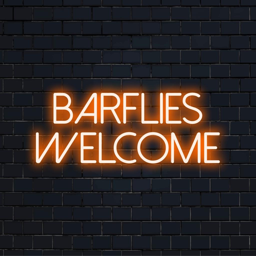 Op maat gemaakt LED-neonbord met de tekst 'Barflies Welcome'; perfecte neonmuurkunst voor een levendige barinrichting. Gepersonaliseerde neonquote.