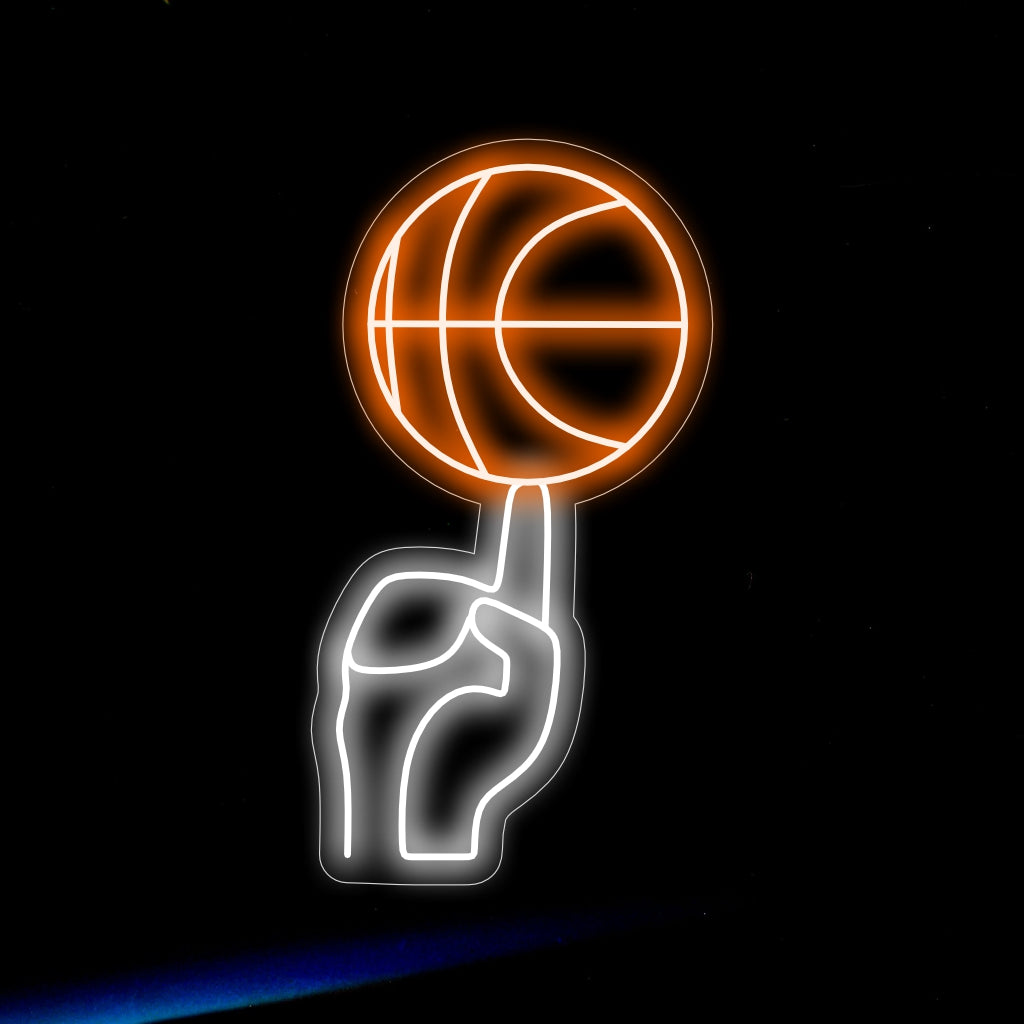 "Neonbord met basketbal die op een vinger draait" - Een dynamisch neonlicht met de indrukwekkende afbeelding van een basketbal die op een vinger draait, waarmee u opwinding en sportiviteit toevoegt aan uw basketbaldecor.