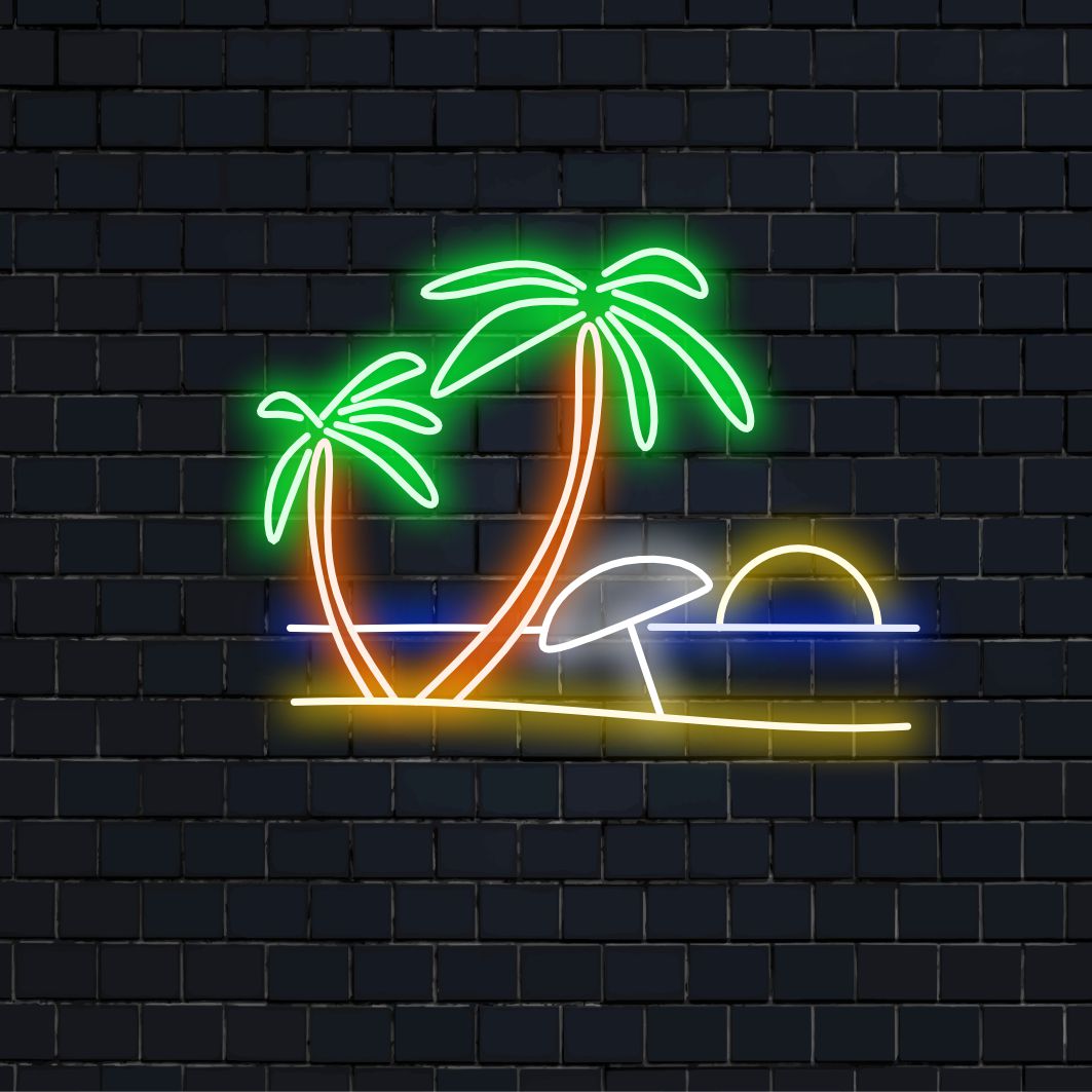 "Beach and Palm Trees Neon Sign" - Een tropisch neonlicht met de symbolen van een strand en palmbomen, dat de charme van de kust en ontspanning in uw leefruimte brengt.