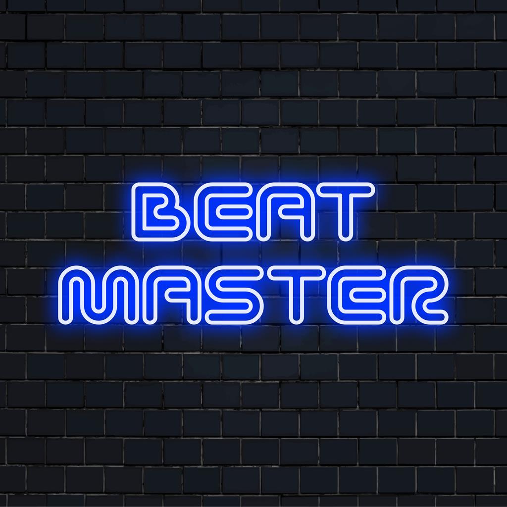 Levendig LED-neonbord met 'Beat Master', perfect als unieke neondecoratie, combineert kunst en flair naadloos.
