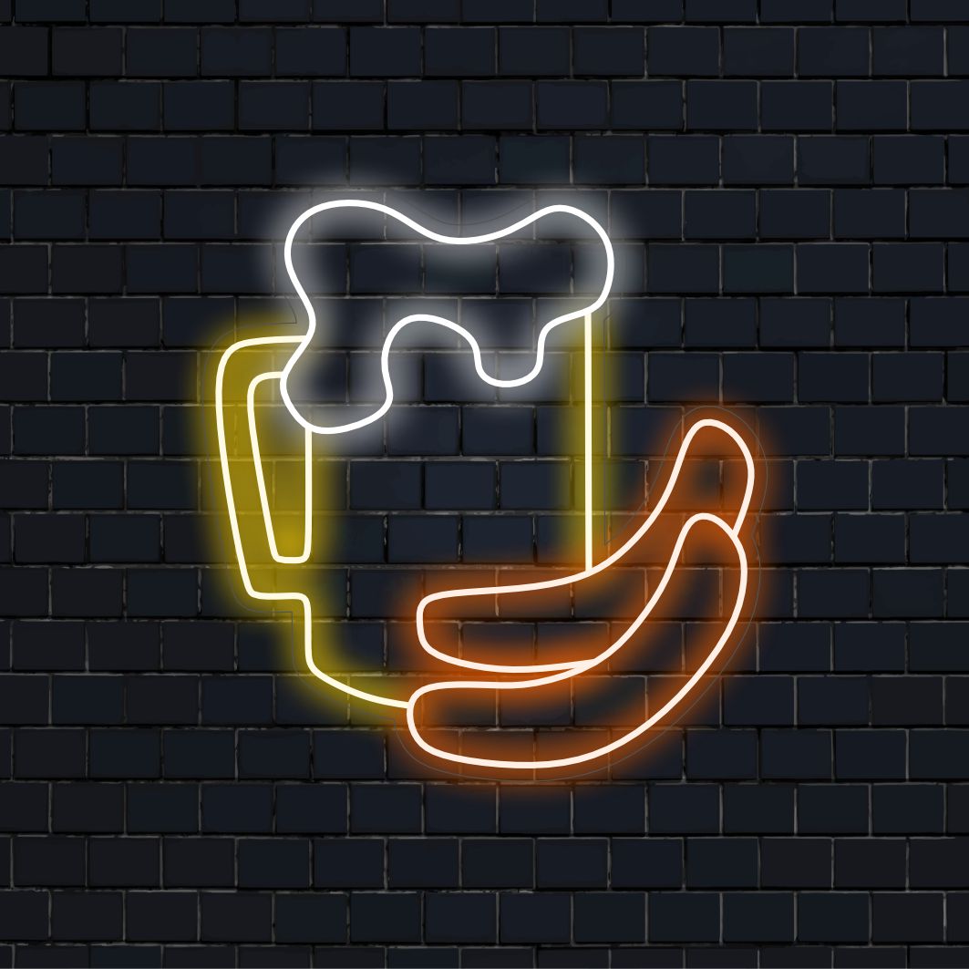 "Beer and Sausage Neon Sign" - Een levendig neonlicht met de symbolen van bier en worst, dat gezelligheid en plezier in uw pub of biertuin brengt.