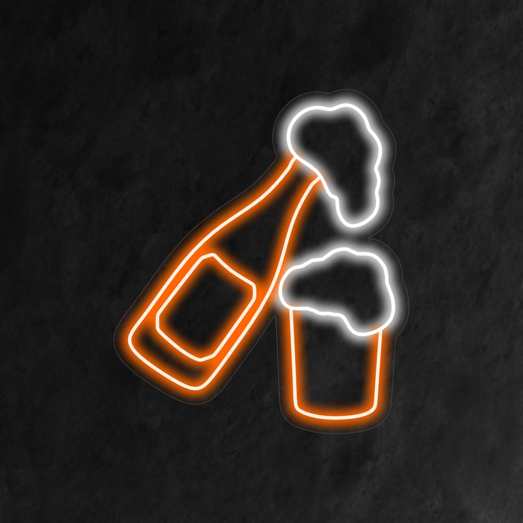 "Neonreclame met bierfles en glas" is een klassieke en verfijnde toevoeging aan uw barinterieur. Een neonlicht dat de elegantie van bier benadrukt.