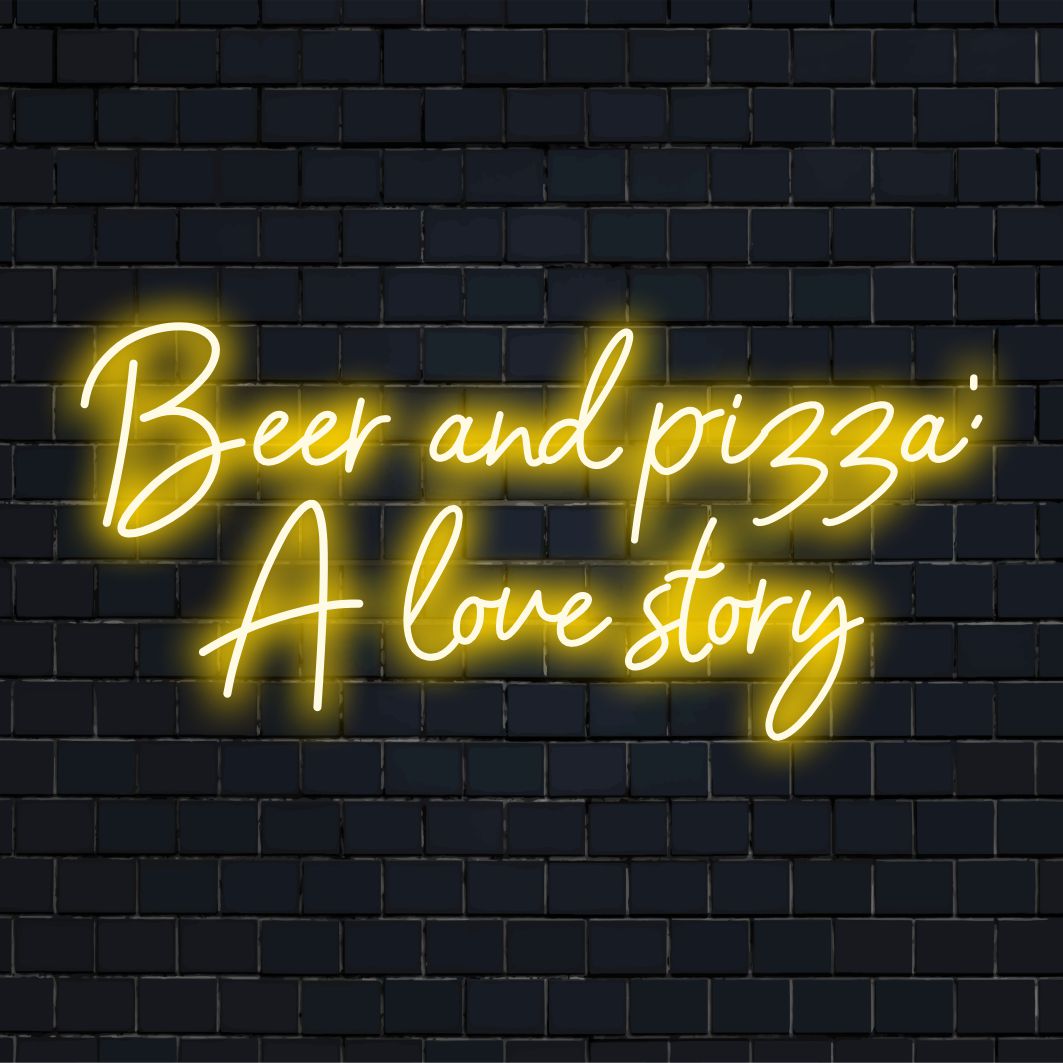 Aangepast LED-neonbord met het gloeiende ontwerp Beer And Pizza A Love Story voor gepersonaliseerde neonmuurdecoratie.