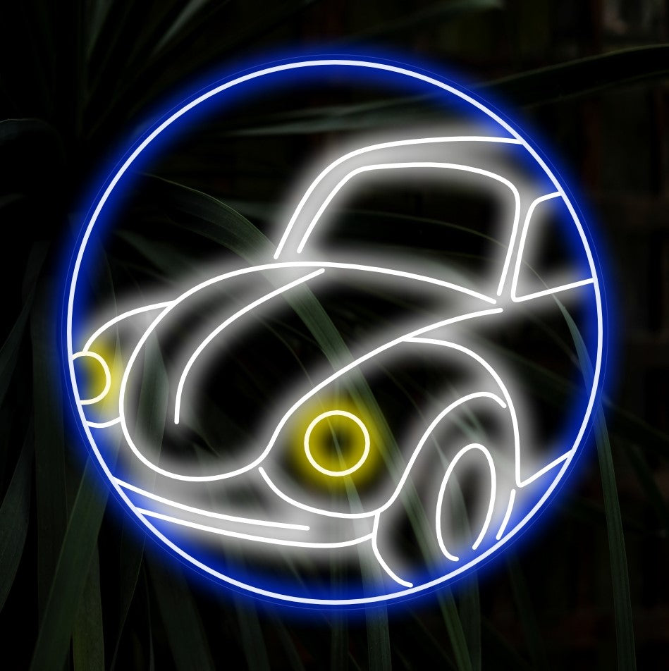 "Beetle Car Neon Sign" legt de essentie van vintage autodecoratie vast met een charmante afbeelding van een Kever in een rond frame. Verlicht je ruimte met retro-vibes met deze unieke neonlamp.