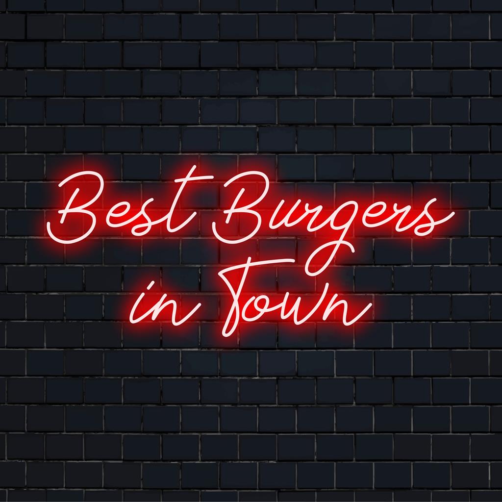 Speciaal LED-neonbord met de tekst 'Best Burgers In Town' erop afgebeeld; perfect voor eetgelegenheden die op zoek zijn naar opvallende neondecoraties.