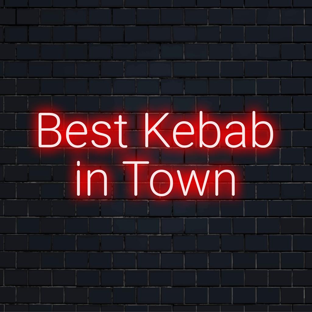 Een op maat gemaakt LED-neonbord met de tekst ���Beste Kebab in de stad���, perfect als lichte decoratie en om uw favoriete plek te benadrukken.