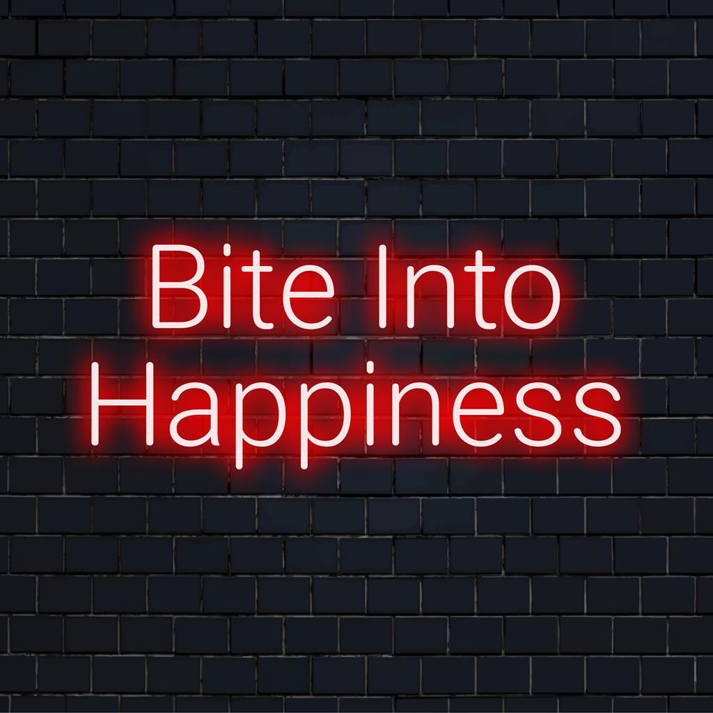 Aangepast LED-neonbord: Bite Into Happiness, levendige neondecoratie die een vrolijke sfeer creëert in elke ruimte.