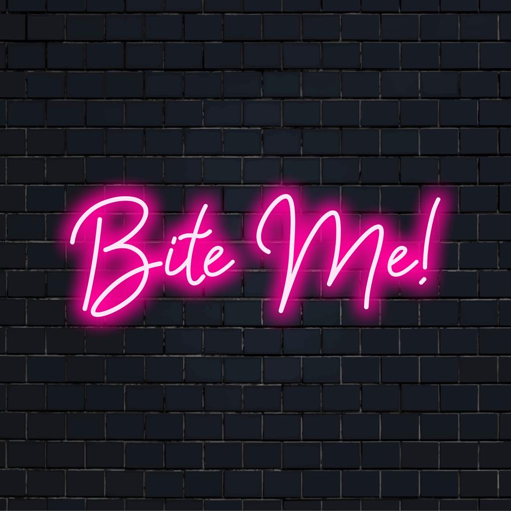 Bite Me! LED-neonbord met opvallende roze letters; een speels neonbord, perfect voor een unieke kamerinrichting.