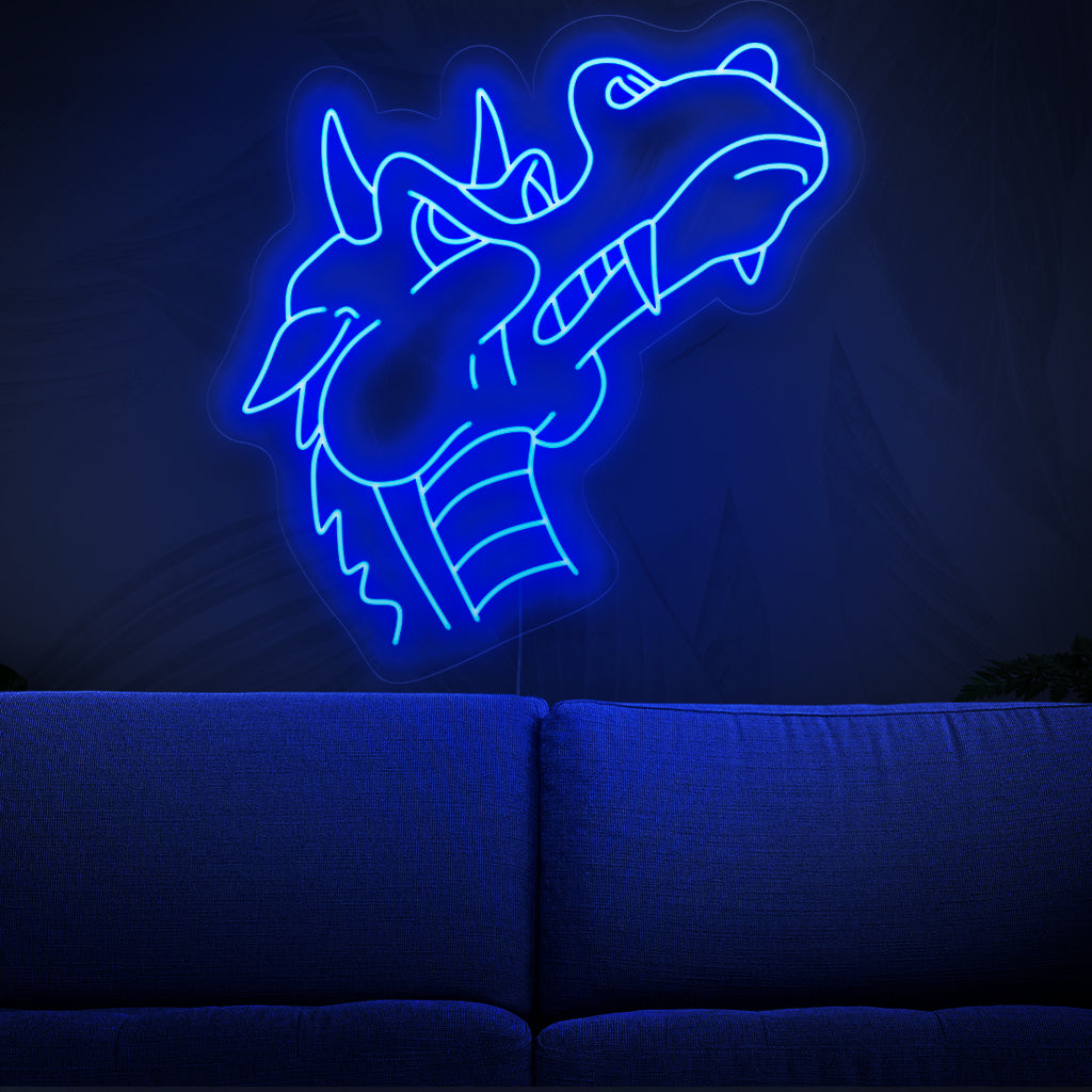 "Blue Dragon Neon Sign" - Een mystieke neonlamp met het silhouet van een majestueuze blauwe draak, die betovering en fantasie in uw leefruimte brengt.