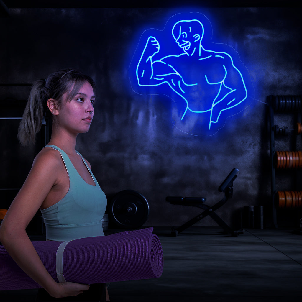"Bodybuilder Neon Sign" - Een krachtig neonlicht met het silhouet van een gespierde bodybuilder, dat kracht en vastberadenheid in uw sportschool of fitnessruimte brengt.