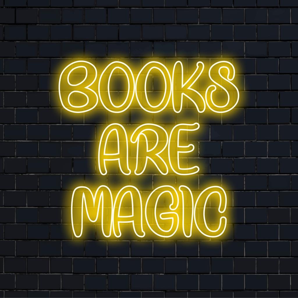 Books Are Magic LED-neonreclame op maat; levendige neontekstkunst met een oplichtend boekthema, perfect voor gepersonaliseerde neonlichtdecoratie.