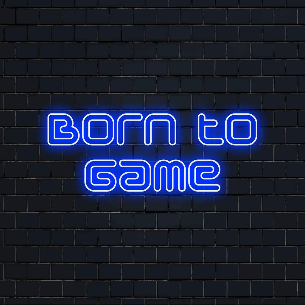 Op maat gemaakt LED-neonbord met de tekst 'Born To Game', perfect voor een gamekamer of entertainmentruimte. Neon citaat als decoratie.