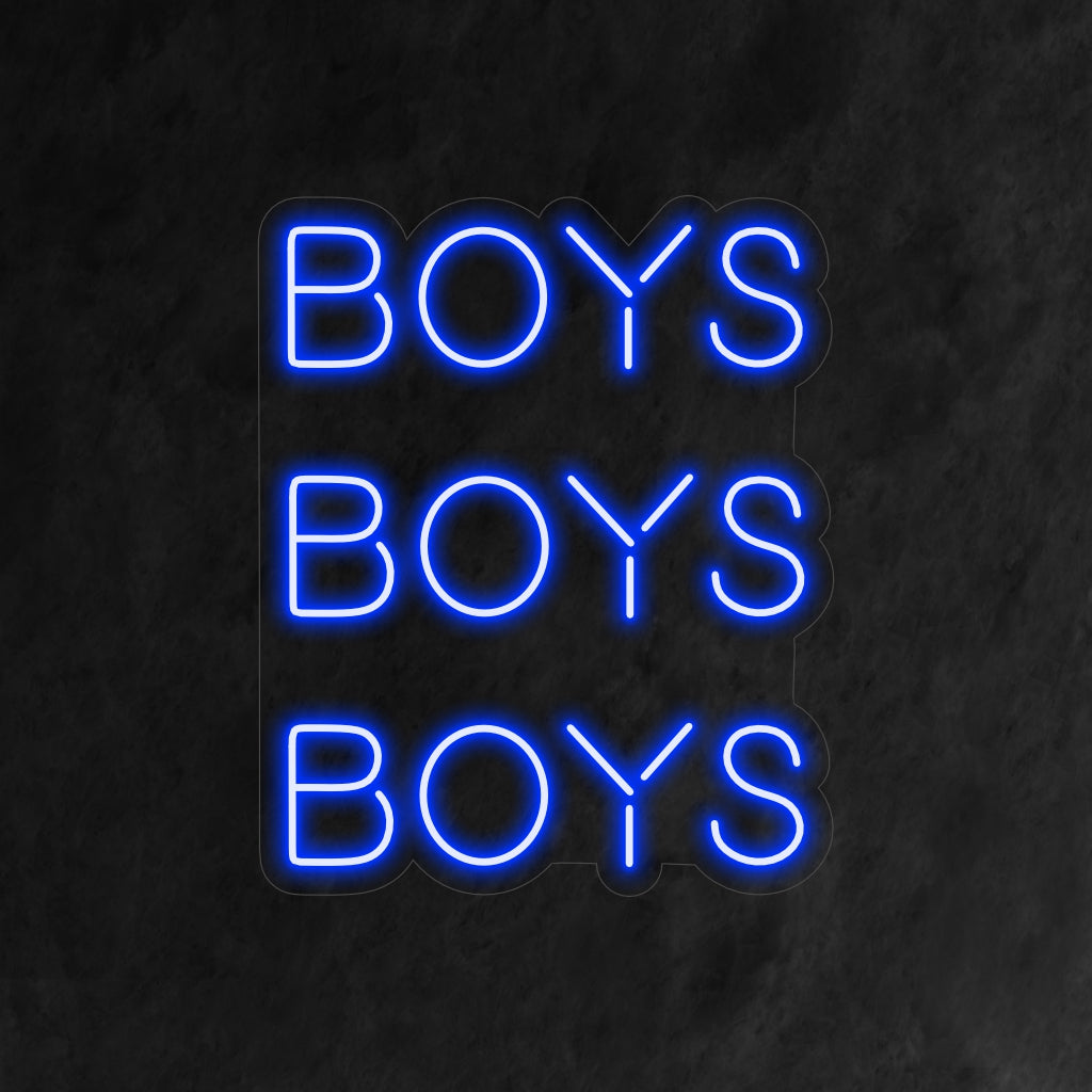 "Boys Boys Boys Neon Sign" - Een speels neonlicht met een levendige en feestelijke boodschap, dat plezier en opwinding toevoegt aan uw entertainment- of feestlocatie.