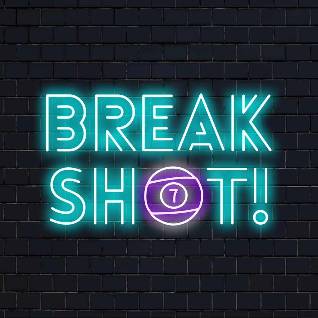 Op maat gemaakt LED-neonbord met de titel Break Shot! in levendige kleuren, perfect voor een unieke neonverlichtingsdecoratie of een gepersonaliseerd ontwerp.