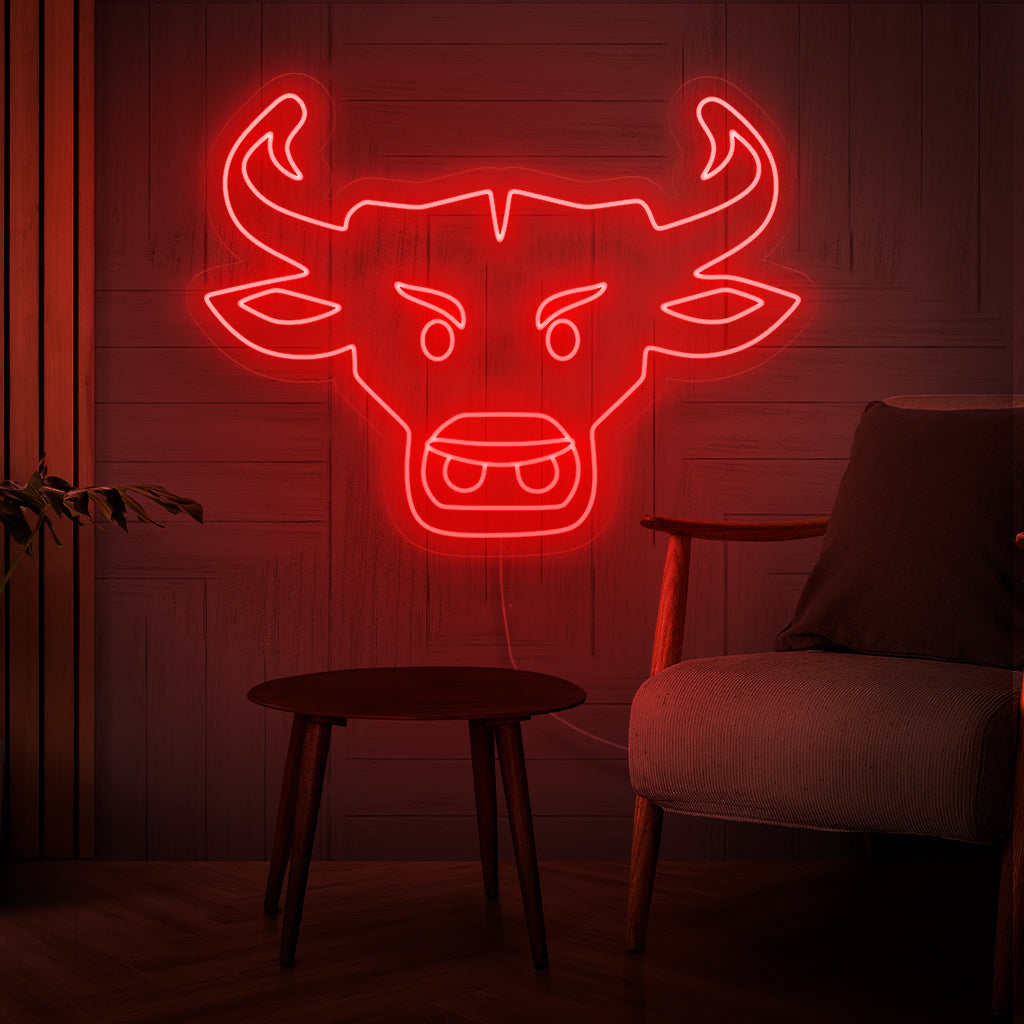 "Bull Head Neon Sign" - Een opvallend neonlicht met de iconische afbeelding van een stierenkop, dat kracht, vastberadenheid en zuidwestelijke charme in uw leefruimte brengt.