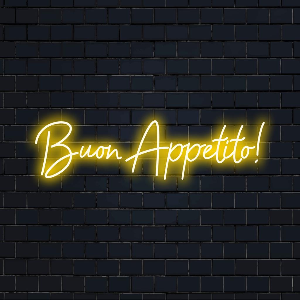 Het levendige 'Buon Appetito!' LED-neonbord verlicht elke ruimte en creëert een warme, uitnodigende sfeer met op maat gemaakte neonlichtkunst.