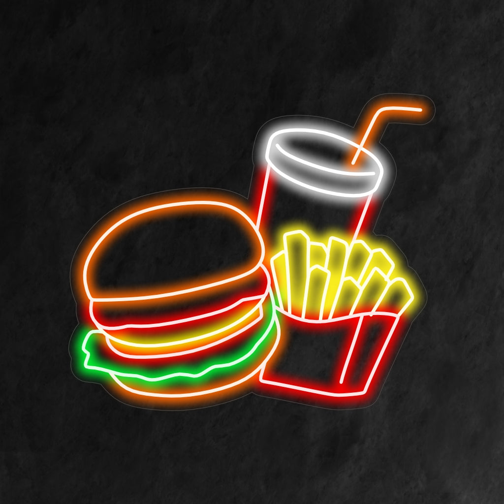 "Burger French Fries and Coke Neon Sign" is een heerlijke toevoeging aan het interieur van uw restaurant. Een neonlamp die de klassieke combinatie van burger, friet en cola laat zien.