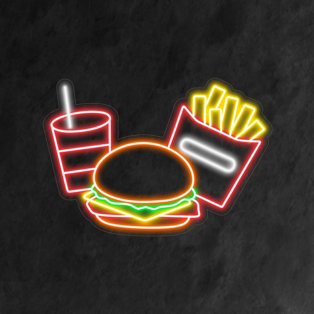 "Burger, Friet en Drank Neonreclame" - Een overheerlijk neonlicht met de iconische symbolen van een hamburger, friet en een drankje. Hiermee creëert u een sfeer van heerlijk eten en liefde voor klassieke fastfoodfavorieten in uw restaurant of fastfoodzaak.