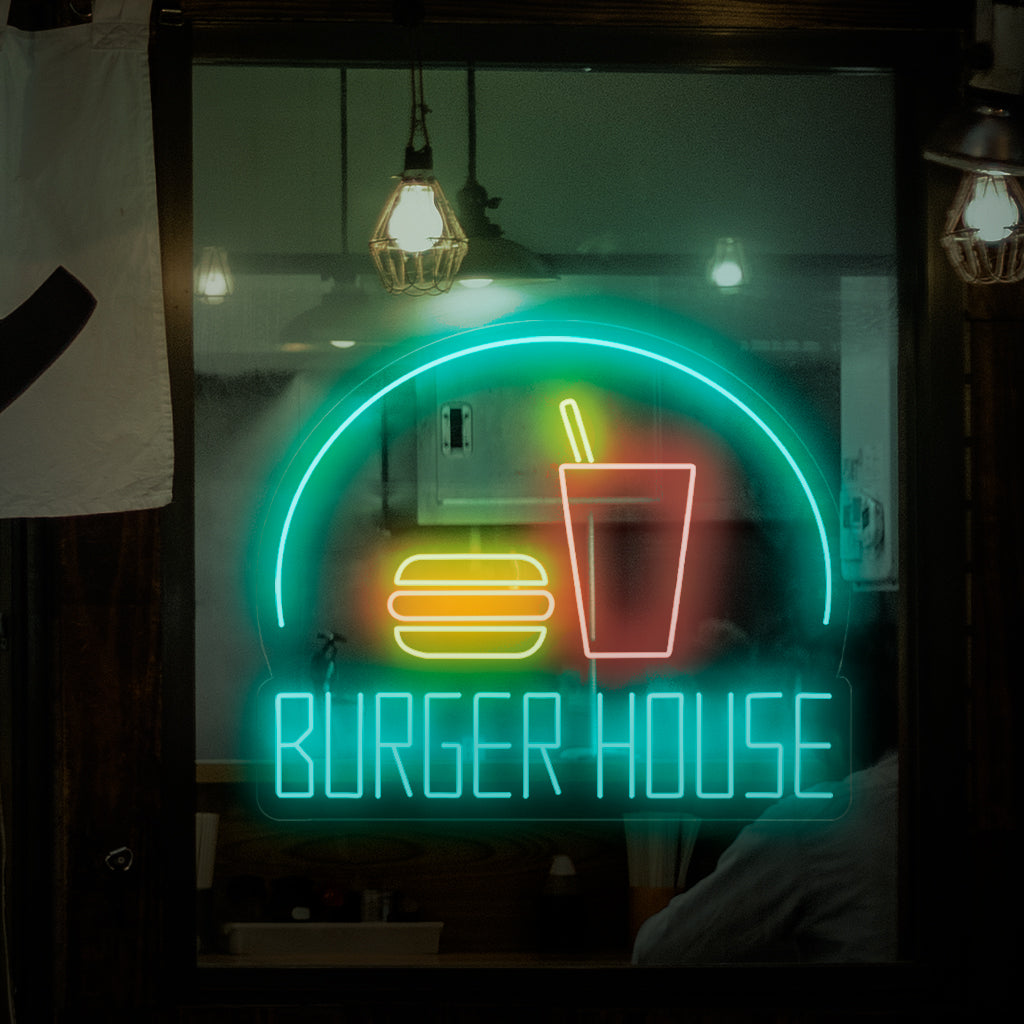 "Burger House Neon Sign" - Een levendig neonlicht met de tekst "Burger House". Dit zorgt voor energie en liefde voor heerlijke hamburgers in uw hamburgertent of restaurant.
