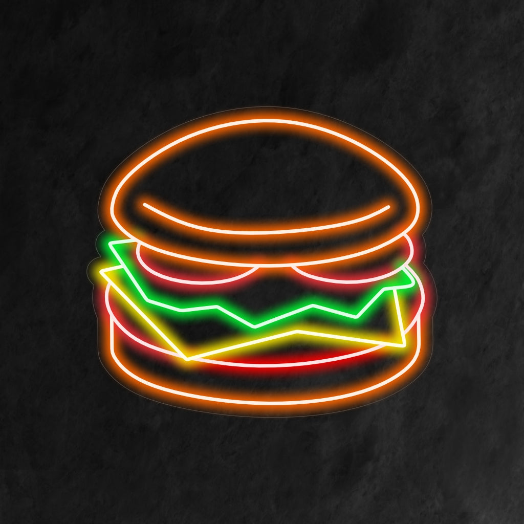 "Burger Neon Sign" verlicht je ruimte met een overheerlijke neonweergave van een klassieke hamburger. Perfect om een โโvleugje retro-dinercharme toe te voegen aan je keuken of restaurant.