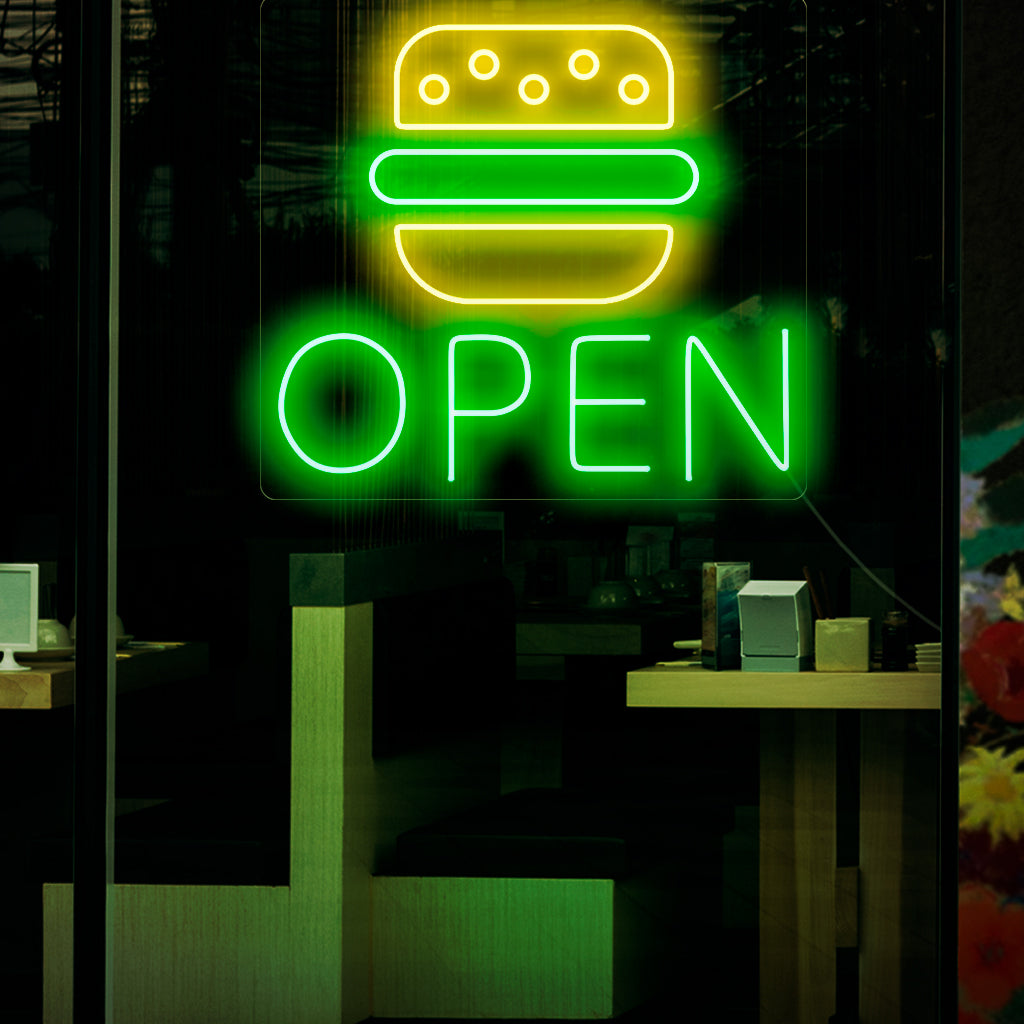 "Burger Open Neon Sign" - Een uitnodigend neonlicht met de tekst "Burger Open". Het geeft energie en laat zien dat uw zaak klaar is om heerlijke hamburgers te serveren.