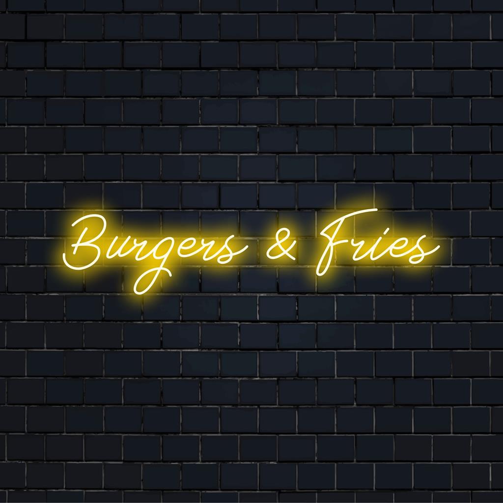 Op maat gemaakt LED-neonbord met de tekst Burgers And Fries in een speels lettertype, ideaal als restaurantdecoratie of verlichting voor speelkamers.