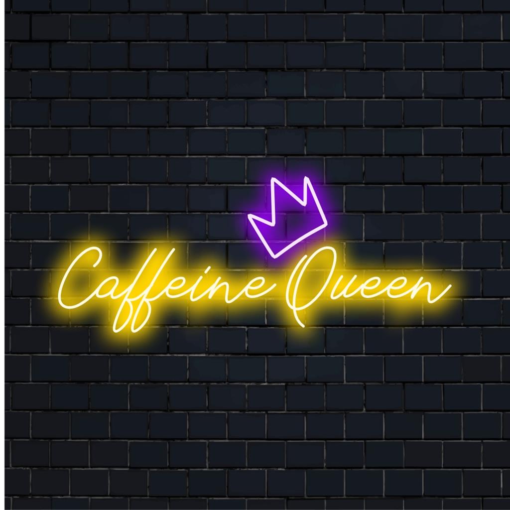 LED-neonreclame in een levendig lettertype met de tekst Caffeine Queen; een perfecte mix van chique decoratie en gepersonaliseerde neonlichtkunst.