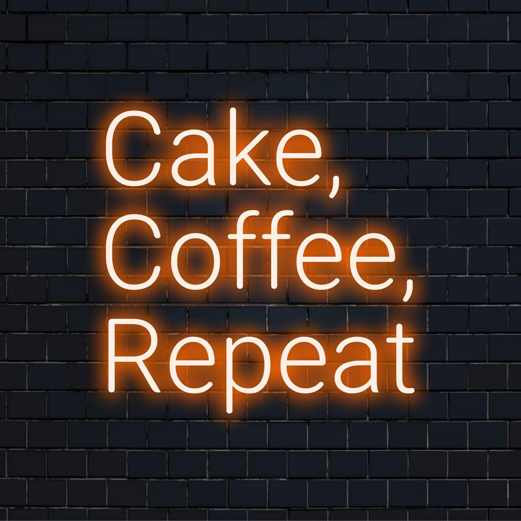 Op maat gemaakt LED-neonbord met de tekst Cake, Coffee, Repeat in levendige kleuren; perfect voor moderne wanddecoratie.