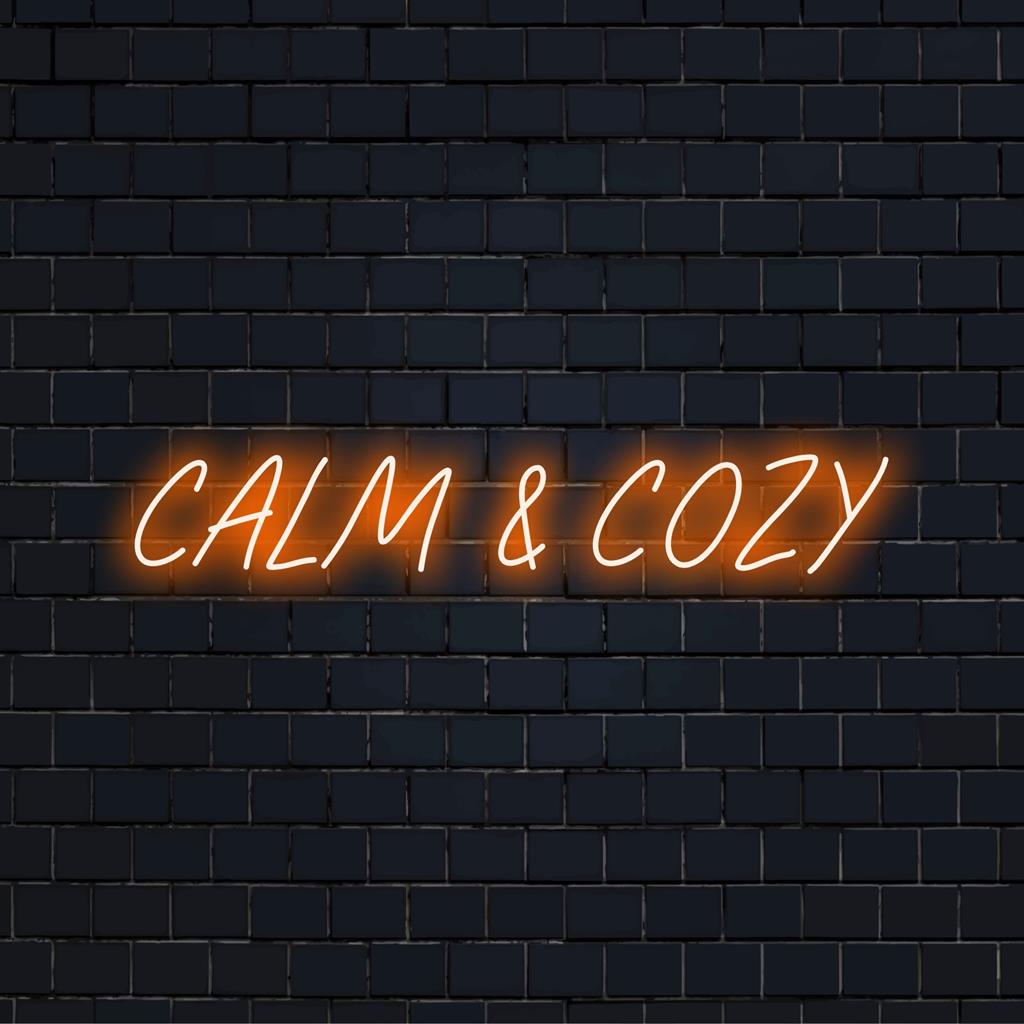 LED-neonreclame met de tekst 'Calm And Cozy', ideaal voor een persoonlijke sfeer. Een persoonlijk ontwerp verlicht elke ruimte.