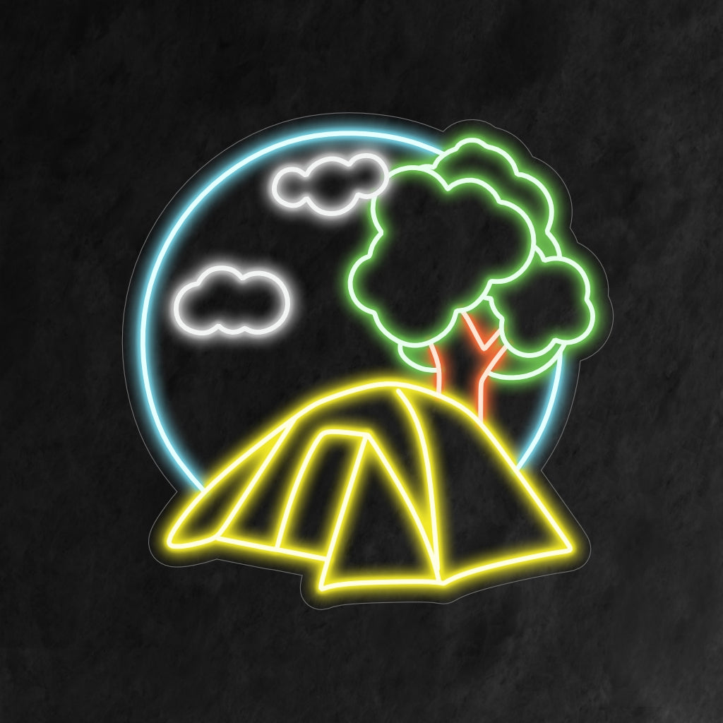 "Camping Neon Sign" verlicht je ruimte met een gezellig kampvuur en een tenticoon, en legt zo de avontuurlijke geest van kamperen vast. Perfect voor het creëren van een warme en outdoor-sfeer in elke omgeving.