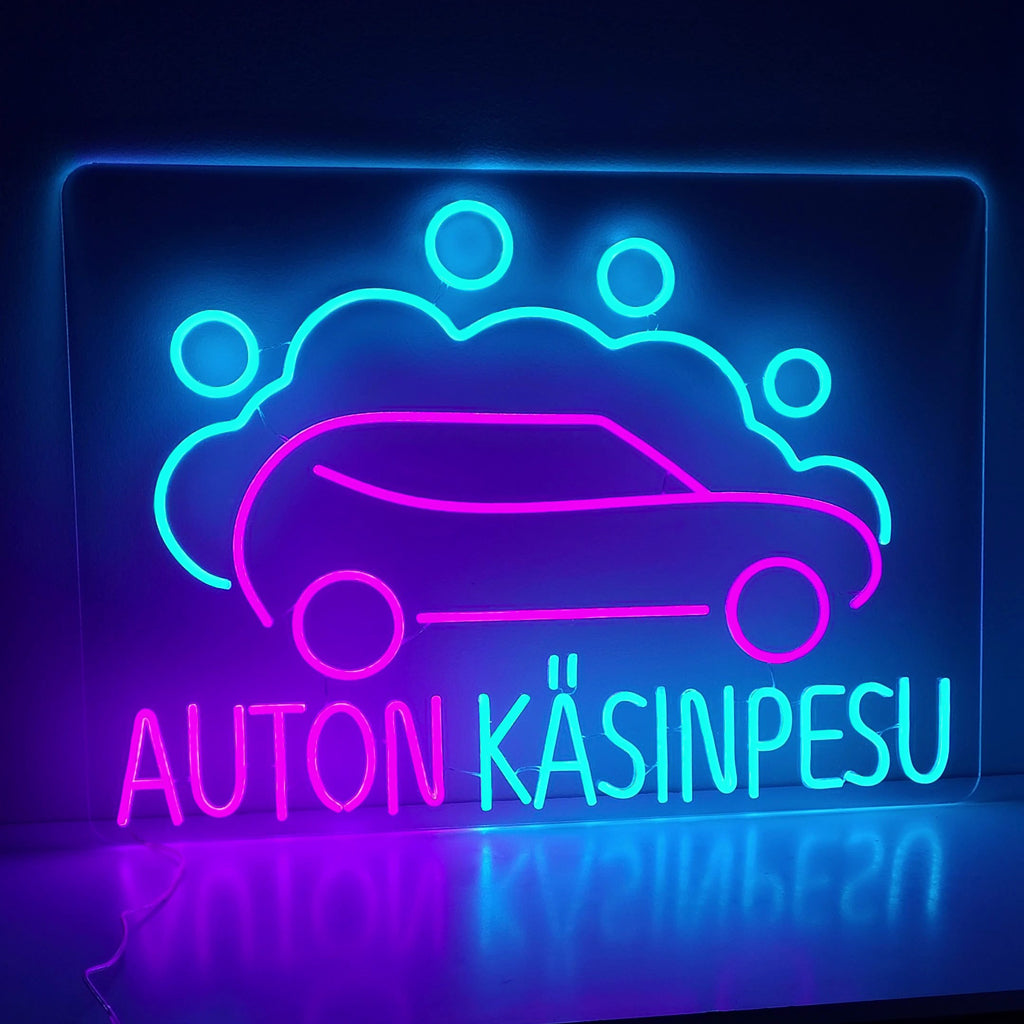 "Car Wash Neon Sign" - Een levendig neonlicht met de tekst "Car Wash", dat een uitnodigende en dynamische sfeer creëert voor uw autowasbedrijf.