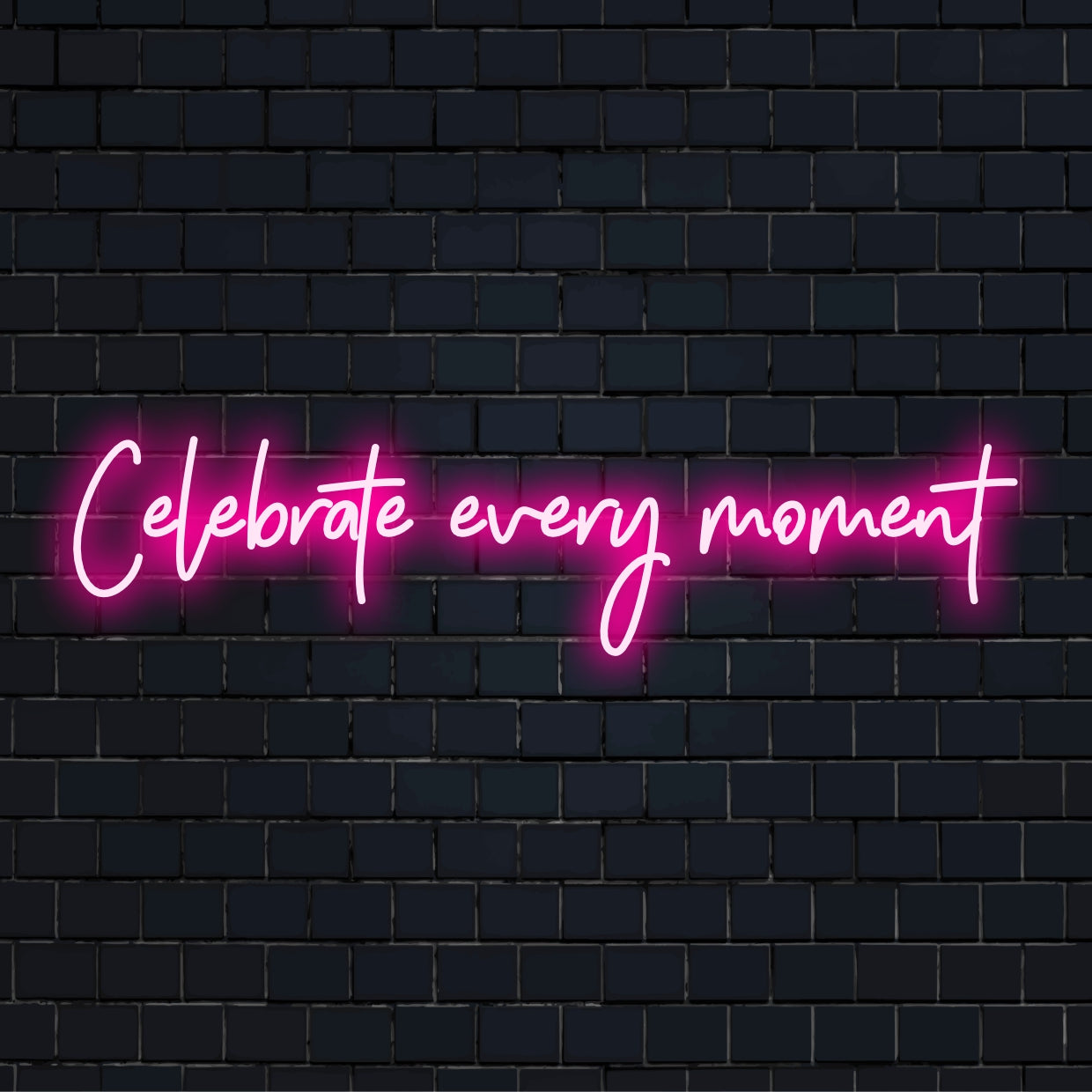 Een aangepast LED-neonbord met de tekst 'Celebrate Every Moment' met levendige, gloeiende kleuren die elke ruimte verfraaien.