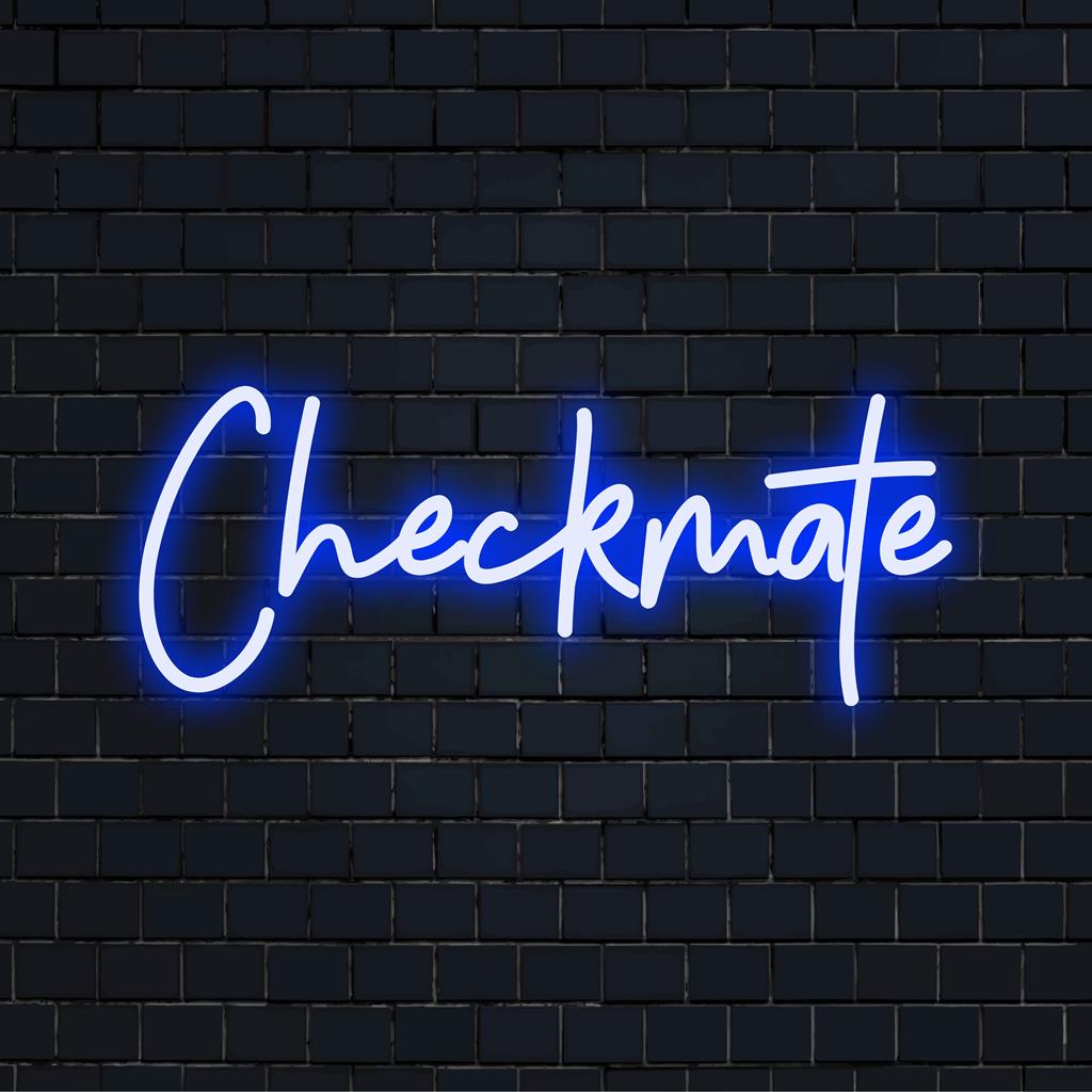 Op maat gemaakt LED-neonbord met de tekst Checkmate in elegant schrift, wat charme toevoegt aan uw ruimte; perfecte neonverlichtingsdecoratie.