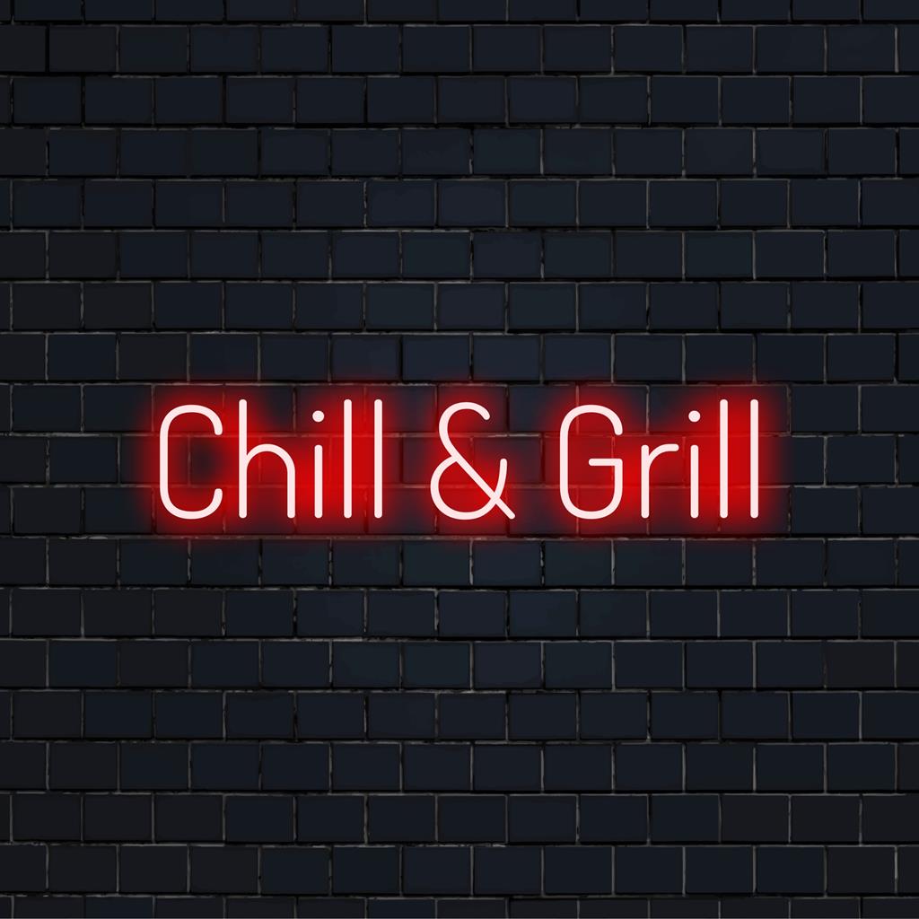 Levendig Chill And Grill LED-neonbord, perfect voor het toevoegen van gepersonaliseerde neonverlichting aan elke ruimte.