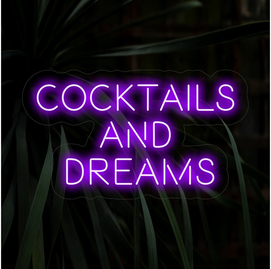 "Cocktails And Dreams Neon Sign" - Een trendy en energiek neonlicht met de tekst "Cocktails And Dreams". Geef uw bar of entertainmentruimte een stijlvolle en leuke ambiance.