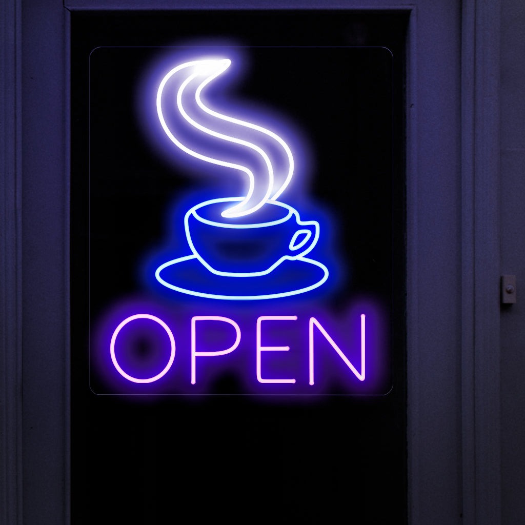 "Coffee Cup Open Neon Sign" ��� Een uitnodigend en cafeïnehoudend neonlicht met een open koffiekopje, dat uw koffiezaak of gezellige hoekje een warme en uitnodigende sfeer geeft.