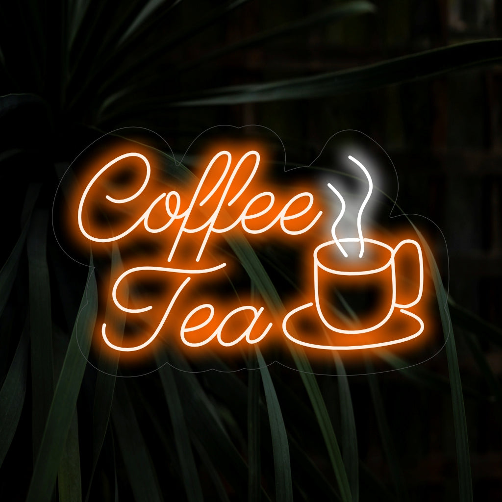 "Koffie & thee met kopjeslogo neonreclame" ��� Een gezellig en uitnodigend neonlicht met een kopjeslogo, dat uw koffiebar of theehoek een warme en aromatische ambiance geeft.