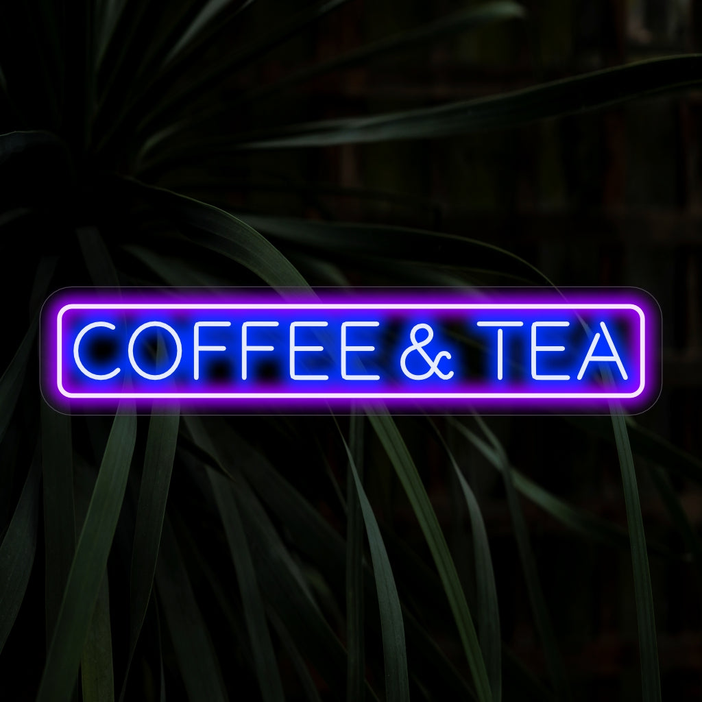 "Koffie en thee neonreclame" ��� Een gezellig en uitnodigend neonlicht met de tekst "Koffie en thee", dat uw café of keuken een warme en gastvrije sfeer geeft.